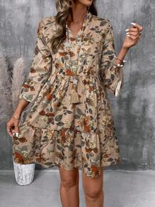 EMERY ROSE 女士度假花卉印花缺口 V 领荷叶边下摆短款连衣裙