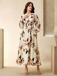 Anewsta Women V-Neck Floral Print Long Sleeve Cinched Waist Cocktail Dress