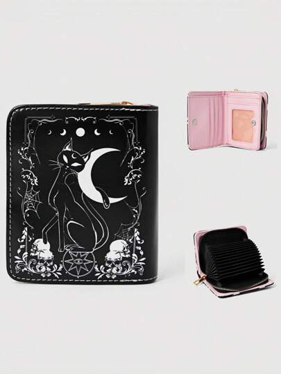 Grunge Punk Gothic Creativity Moon & Black Cat Multi-Function Zipper Card Holder With Bifold Wallet
