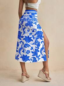 Glamance Whitebread Saia feminina azul sexy com estampa floral por toda a peça, ideal para o verão. - Azul - Ver 2