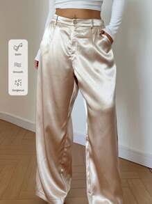 Vibekara Summer Outfits For Women Plus Size Lustrous Solid Color Drapey Diagonal Pocket Straight Leg Pants For New Year Holiday Party Clothes Fall Cloth For Women - Gold - View 8