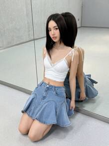 SHEIN EZwear 女士休闲牛仔迷你裙，夏季时尚 - 中等水洗藍 - 查看 7