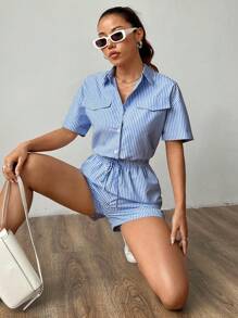 SHEIN Unity 蓝色条纹收腰短袖连体裤，适合夏季
