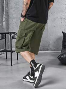 Manfinity Homme Pantalones cortos sueltos y casuales con bolsillo y nudo delantero simples para hombre, de uso diario - Verde militar - Ver 5