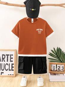 2pcs/Set Young Boy Graphic Letter Printed Color Block Round Neck Tee And Patch Pocket Shorts For Summer - Orange - View 5