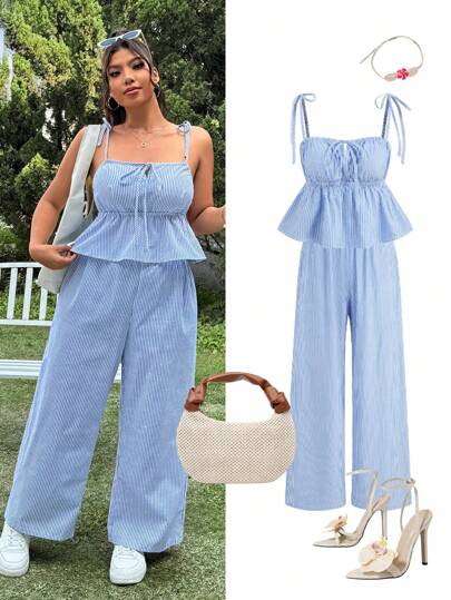SHEIN EZwear 2 piezas Conjunto de blusa de tirantes con hombros descubiertos y pantalones de pierna ancha a rayas, estilo casual de vacaciones, talla grande