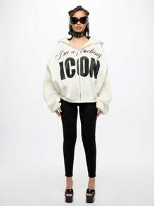 SUMWON WOMEN 超大时尚偶像连帽衫冬季拉链街头风运动衫，带有图形文字印花休闲都市风格舒适家居服 - 白色 - 查看 3