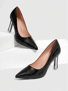 CUCCOO SZL Women's Black Crocodile Pattern Pointed Toe Crystal Clear Stiletto Heels, Sexy Elegant Office Lady Pointed Toe Low Vamp High Heels - Black - View 2