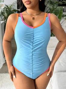 SHEIN Swim Curve Plus Size Women Sleeveless Round Neck Patchwork Style One-Piece Swimsuit, Fashion & Casual For Vacation For Summer - Multicolor - View 5
