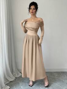 SHEIN Unity Women's Solid Color Off-Shoulder Long Sleeve Ruffle Fashion Elegant Dress - Khaki - View 3