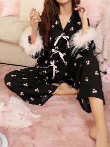 SHEIN Ensemble de pyjama femme mignon avec motif de cerises sur tout le vêtement, décoré de nœuds en dentelle moelleuse. Vêtements d'automne et d'hiver, confortables - Multicolore - Voir 6