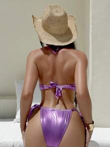 Swim SXY Beach Summer Outfits For Women - Solid Color Ruffle Bandeau Bikini Top And Side Tie Beach Vacation 2 Pieces Swimwear Set - Purple - View 6