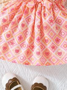 SHEIN Baby Girl Summer Cute Lantern Sleeve Round Neck Bowknot Retro Print Casual Comfortable Outdoor Dress