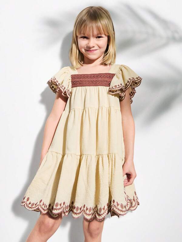 THE HAPPY LOOK Young Girls' Square Neck Brown Lace Trim Embroidered Sleeve & Hem Beige A-Line Dresses, Vacation & Country Style