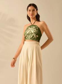 CAJUNI Women's Boho Coconut Tree & Crescent Moon Print Casual Holiday Summer Beach Halter Neck Ultra Cropped Top - Green - View 7