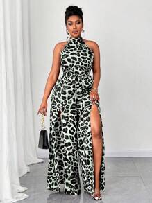 Maweii Plus Size Women Leopard Print Sleeveless Halter Jumpsuit With Split Hem - Grey - View 4