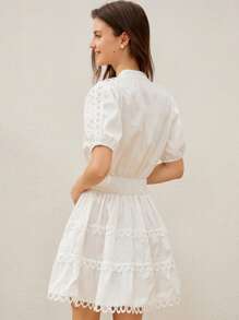 Revavyn V-Neck Floral Lace Splicing Short Sleeve Mini Dress For Women, Summer - White - View 4