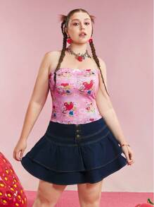 Strawberry Shortcake X SHEIN Áo thun mùa hè màu hồng họa tiết trái tim in hoa Y2k Gyaru cỡ lớn cho nữ - Hồng - Xem 4