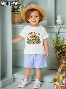 2025 Spring/Summer New Casual Comfortable White Cute Easter Bunny Print Young Girls 2pcs Set With Blue Pants, Suitable For Daily Wear, Outdoor Play And Family Holiday Gatherings Young Girls Clothing Easter Young Girl Summer Sets Young Girls Clothing Young Girls Sets - Apricot - View 2