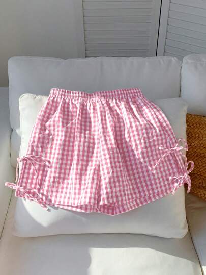 Comfortcana 大码粉色格子蝴蝶结装饰休闲短裤，春夏装