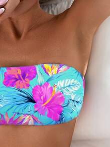Swim Lushoire 2pcs/Set Bikini Bandeau Motif Bunga untuk Wanita, Pakaian Pantai untuk Liburan Musim Panas di Pantai - MultiWarna - View 3