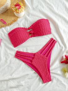Soleia Solid Color Textured Hollow Out Bikini Set, Vacation & Beach