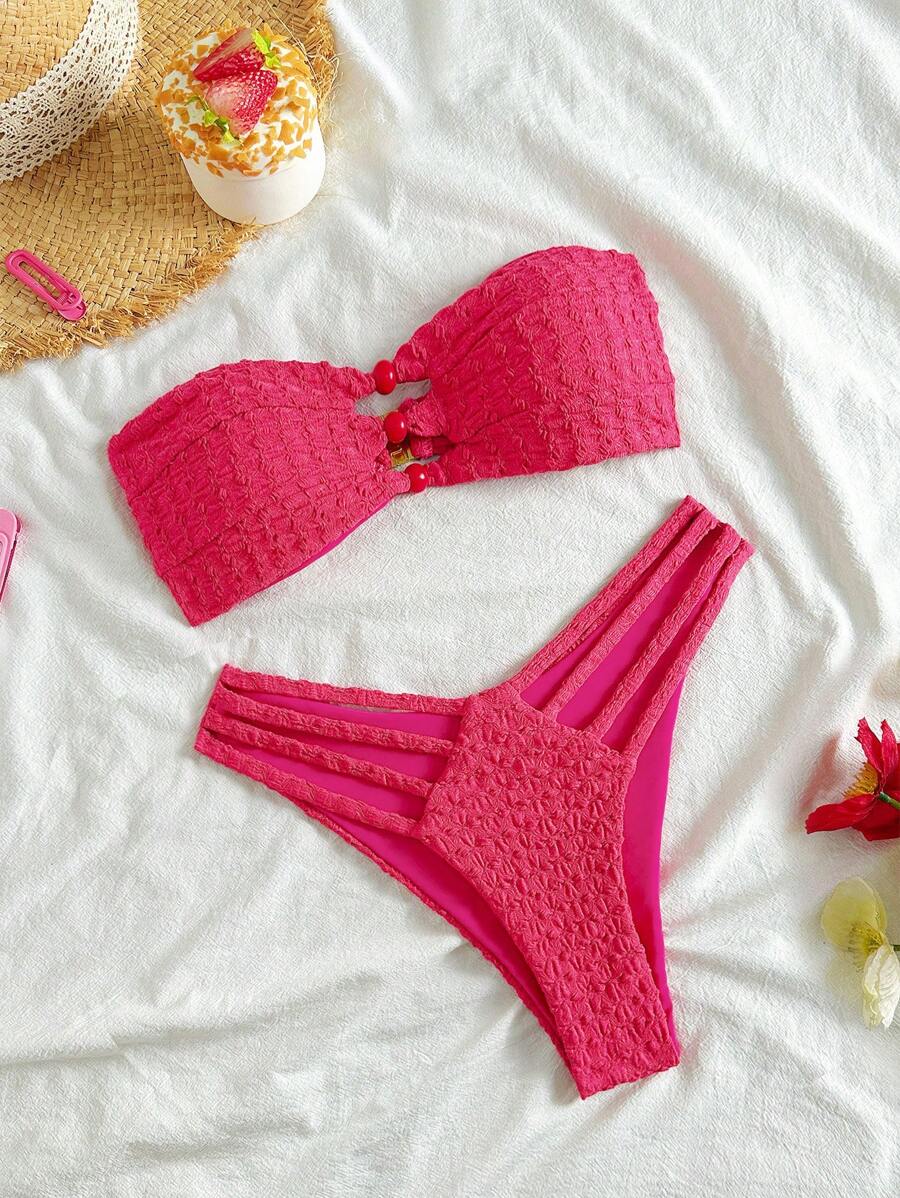 Soleia Solid Color Textured Hollow Out Bikini Set, Vacation & Beach