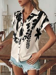 Chiquease V-Neck Short Sleeve Printed Casual Loose Shirt, Spring/Summer - Apricot - View 4