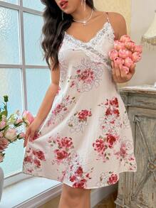 CottageSlumber Camisón de talla grande con encaje y estampado de rosas