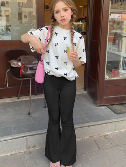 SHEIN Leap Crew 2pcs/Set Tween Girl Casual Bow Print Short Sleeve T-Shirt And Pants Set, Suitable For Summer