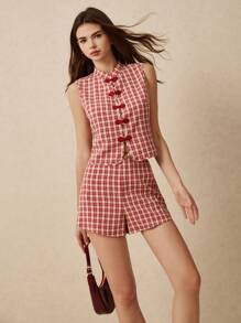 Poéselle Women 2 Pieces Set Sleeveless Vest And Mini Skirt, Casual Stylish Outfit For Summer, Cute Outfits For Women,New Chinese Style Top With Shorts Suit,Red And White Checkered Fabric Suit - Red - View 5