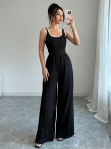 Chiquease Mono de punto negro casual con panel ancho sin mangas y acabado de puntada para mujer