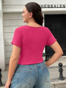 SHEIN EZwear 大码女式 V 领纯色短袖 T 恤 - 玫紅色 - 查看 2