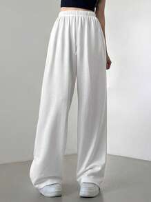DAZY Pantalones de chándal de pierna ancha con cintura de cordón de unicolor para mujer