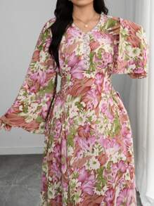 Modelyn Plus Size Woven Floral Print Long Sleeve Tie Waist Ruffle Hem Dress
