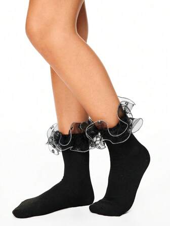 Kawaii 1 Pair Women All-Season Plain Color Lace Trim Reversible Mid-Calf Socks