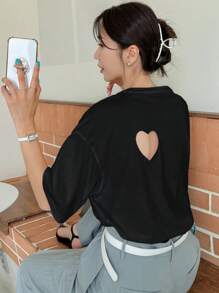 DAZY Heart Cut Drop Shoulder Tee - Black - View 4