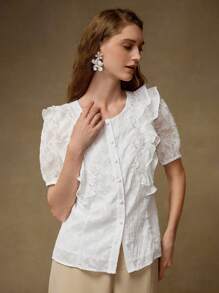 MOTF PREMIUM 荷叶边纽扣衬衫 - 白色 - 查看 7