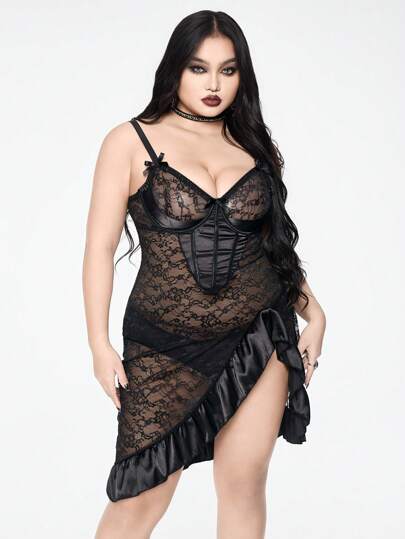 Goth Conjunto de ropa interior y lencería de talla grande con vestido de novia gótico vintage con encaje, satén y parches, espalda cruzada, y tanga