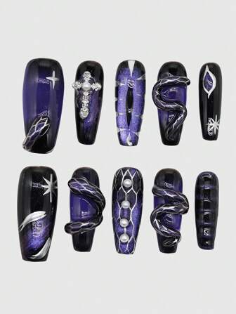 Goth 10 pezzi di unghie finte in stile gotico con croce in metallo a forma di serpente, realizzate a mano di alta qualità + 3 fogli di adesivo biadesivo, Adesivi per unghie sfumati in viola e nero in stile gotico Y2K, Adesivi per unghie con perle smontabili a forma di occhio di gatto per festival, feste, balli e uso quotidiano