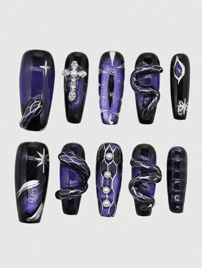 Goth 10 Stücke gothischer Stil Metall Schlangen Kreuz handgemachte Kunstnägel + 3 Blatt doppelseitiger Kleber, Y2K Gothic Lila-Schwarz Farbverlauf Nagel Sticker, abnehmbare Perlen Katzenaugen Nagel Sticker für Festival, Party, Tanzen und täglichen Gebrauch