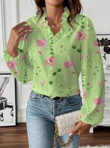 EMERY ROSE Women's Long Sleeve Frill Trim Floral Print Long Shirt Fall Cloth For Women - Multicolor - View 4