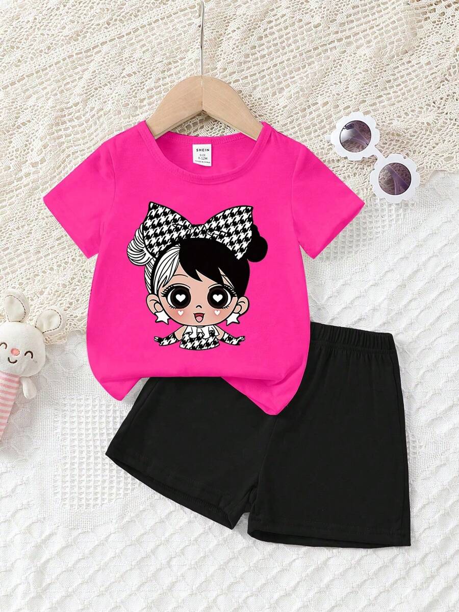 SHEIN Playful Pals 2 件套女婴休闲百搭日常服装，适合外出，春夏季 - 玫紅色 - 查看 1