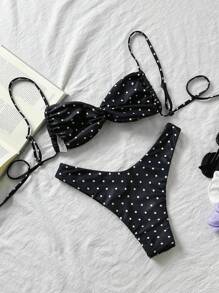 Elavelle Spring Break Women Polka Dot Random Print Spaghetti Strap Twist High Cut Sexy Bikini Swimwear Set, Summer Outfits