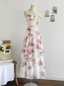 Soleia 女士夏季服装，女士两件套，女士度假服装，复活节，女士西部服装，女士演唱会服装，音乐节服装，狂欢节服装，女士节日花卉印花吊带背心和不对称多层裙套装 - 彩色 - 查看 6