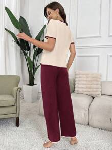 SHEIN Women's Color Block Patchwork Front Button Short Sleeve Minimalist Top And Pants Pajama Set Lounge Set - Burgundy - View 2