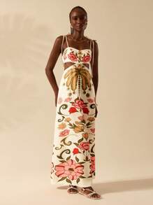 CAJUNI Vestido Longo Cropped Casual com Amarração na Frente, Estampa Tropical Colorida de Coqueiros e Flores, Sem Mangas, Vestido de Praia para Férias