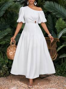 SHEIN Lady 大码女式长款纯色连衣裙 不对称肩部简约时尚夏季女装 夏季女装 女士夏装 女士太阳裙 女士服装 女士连衣裙 女士沙滩装 大码连衣裙