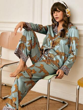2pcs/Set Women Leopard Color Blocking Pajama Set Holiday Season, Fall Winter Clothes