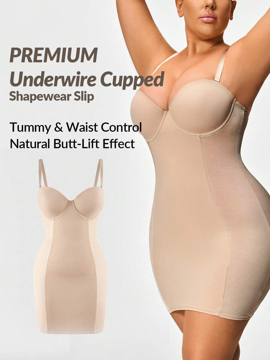 SHAPORA Plus Size Shaping Underwire Cupped Shapewear Slip Dress Body Shaper Bust& Butt Lifter-Tummy Waist Thigh Control - Apricot - View 1